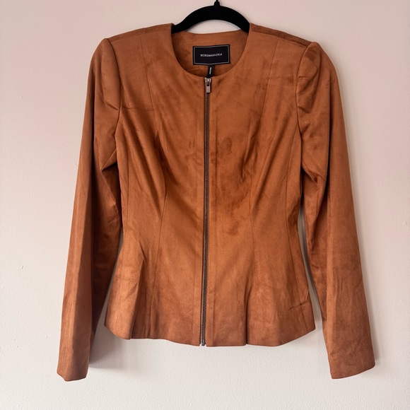 BCBGMAXAZRIA Faux Suede Jacket Cognac Zip Front Peplum Hem NWT Sz 2 - Picture 2 of 7